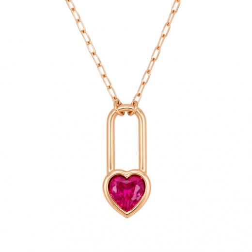 Gold Necklace with a Heart-Shaped Pendant Featuring Red Stones